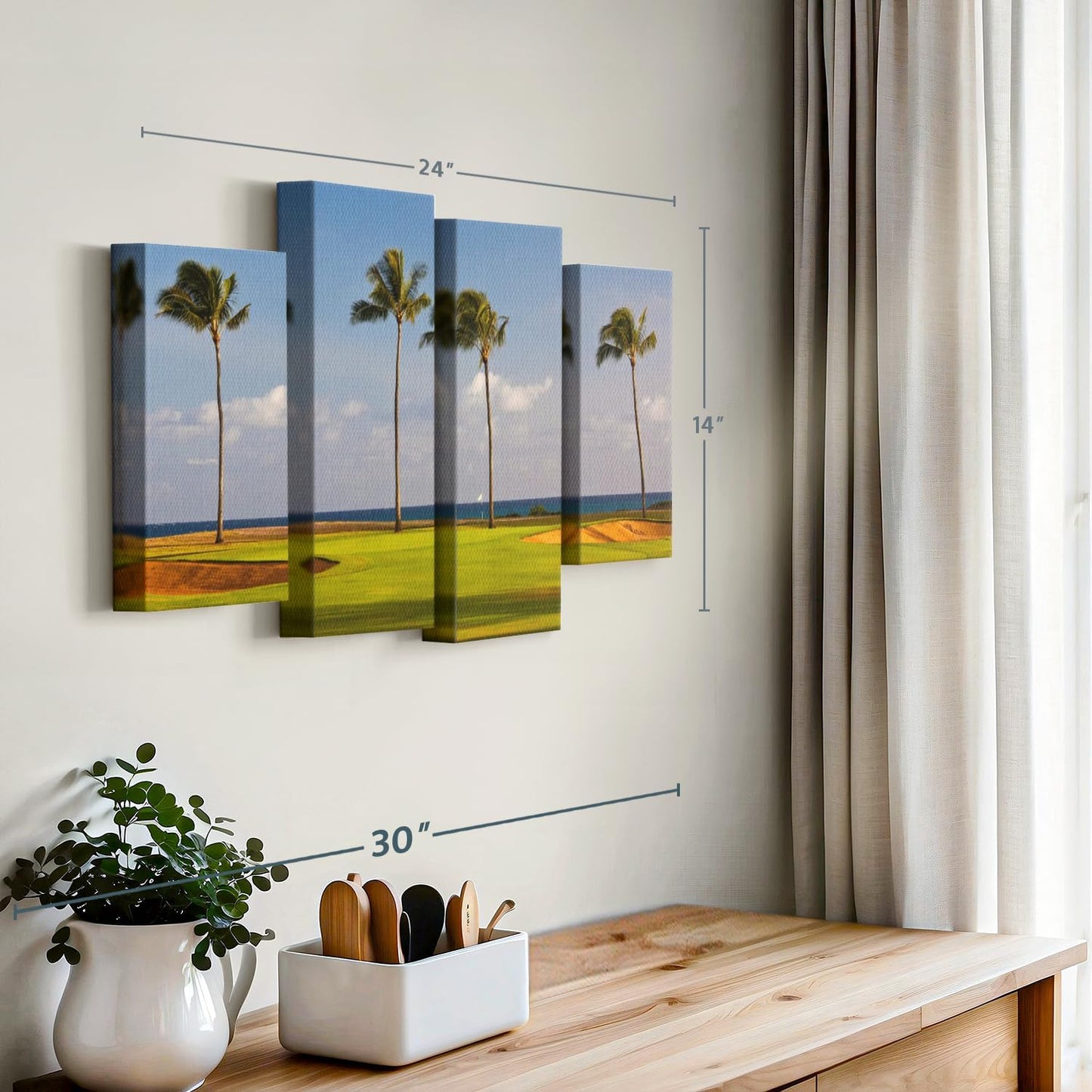Elephant Stock Hawaiian Golf Course Wall Art - Horizontal Canvas - 4-Piece Living Room Wall Decor - Photography Sports Canvas Print - Green and Yellow Decor for Wall - 24" X 14"