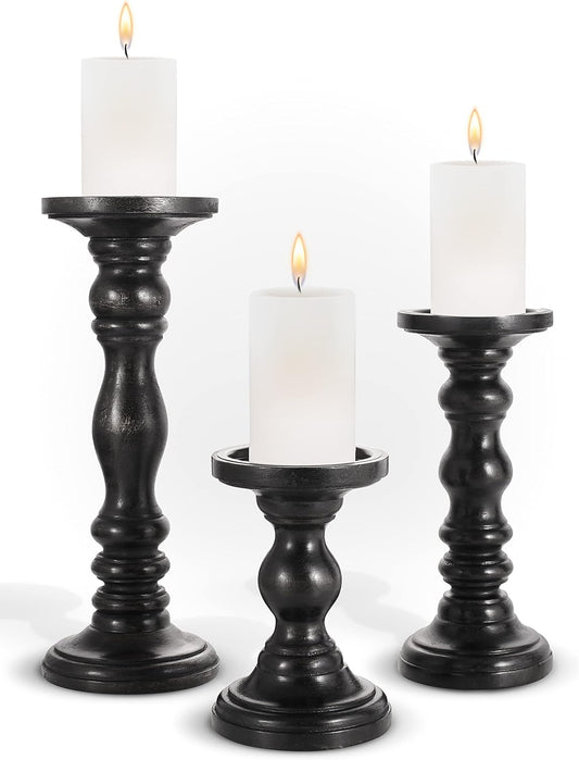 Large Candle Holders for Pillar Candles - Decorative Rustic Centerpiece Pillars Compatible with Battery-Operated Candles - Tall Farmhouse Wooden Candle Holders Pillar - Set of 3