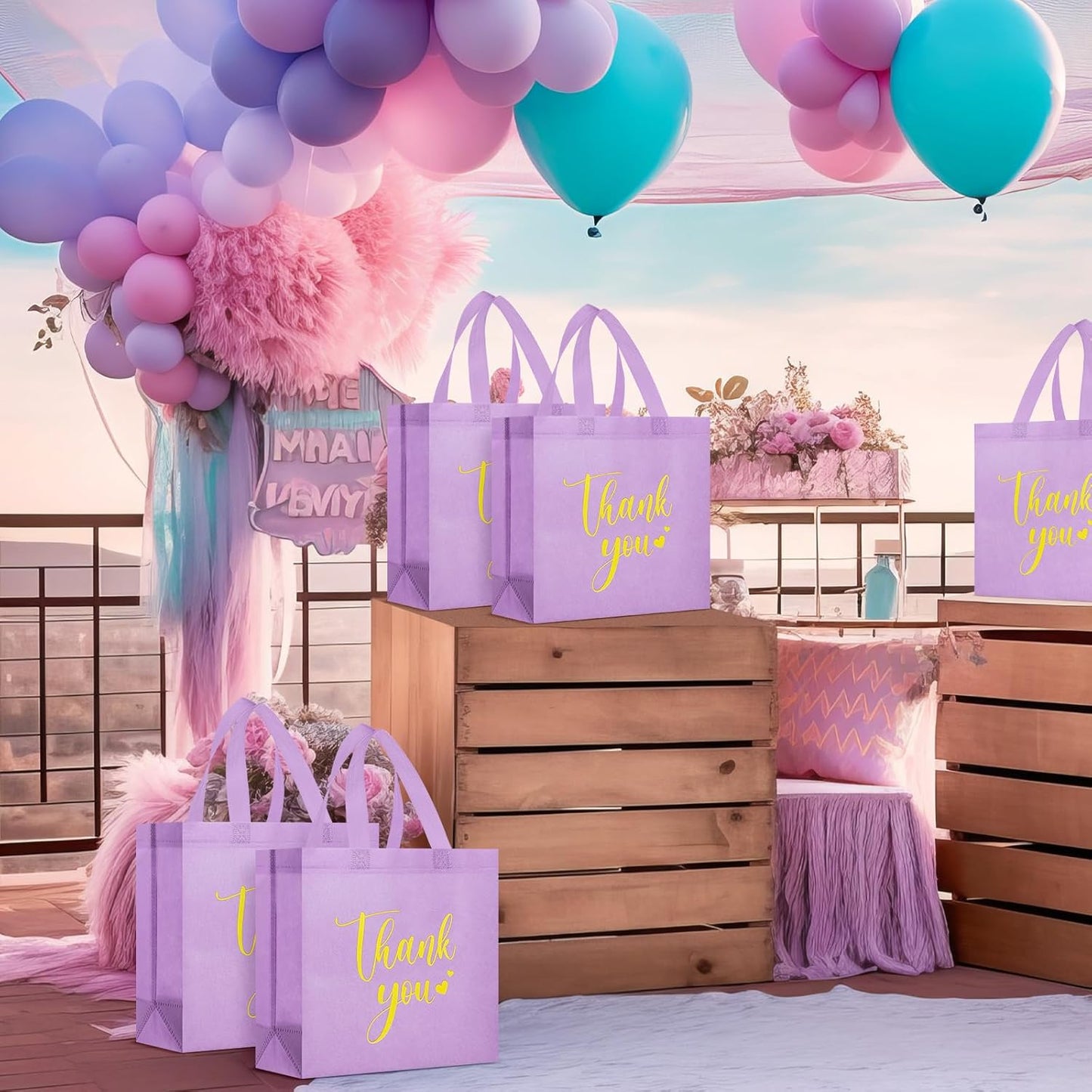 Sweetude 30 Pcs Thank You Gift Bags with Handles Bulk Reusable Goodie Bag Non Woven Foldable Handbag for Graduation Wedding Bridesmaid Gifts(11 x 12 x 5 Inch,Purple)