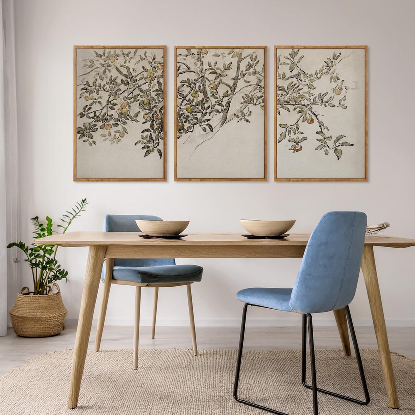 MTFBWY Framed Botanical Apple Tree Wall Art Set of 3, Vintage Nature Branch Canvas Prints, Rustic Farmhouse Plant Wall Art, Neutral Still Life Painting for Living Room Bedroom Office Decor 16L x 12W