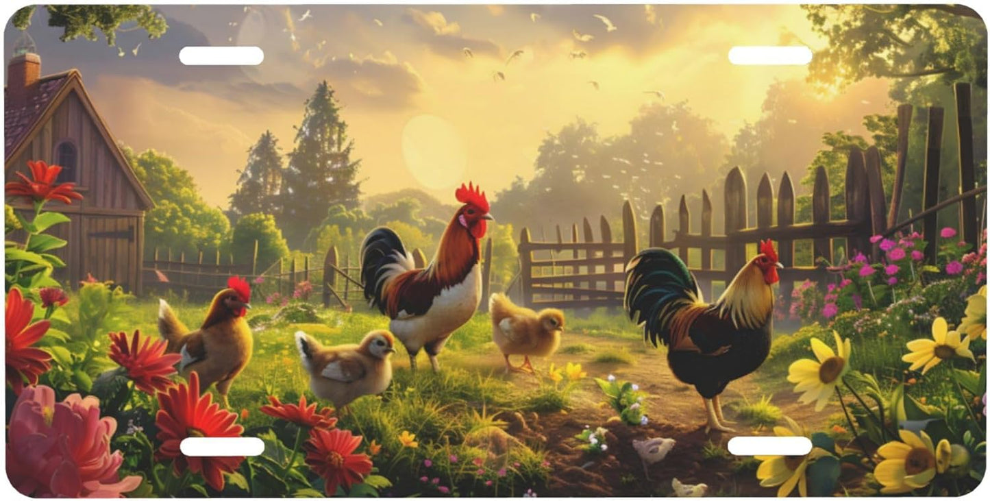 Rustic Flower Animal Chicken Front License Plate for Car Designs Stainless License Plate Cover Holder for Men Women Metal Aluminum Decorative Accessory Vanity Tag Standard 6 X 12 Inch (4 Holes)