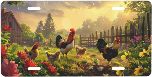 Rustic Flower Animal Chicken Front License Plate for Car Designs Stainless License Plate Cover Holder for Men Women Metal Aluminum Decorative Accessory Vanity Tag Standard 6 X 12 Inch (4 Holes)