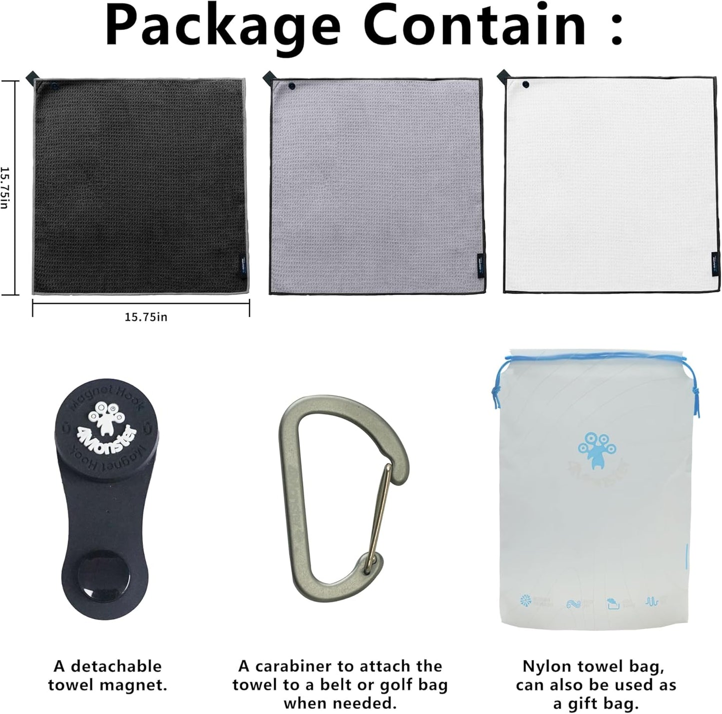 4Monster Golf Towels 3-Pack with Detachable Magnet and Portable Pouch, Quick-Dry Microfiber Golf Towel Set for Golf Bags,Custom Towel Gifts for Men or Women (3, Black/White/Grey)