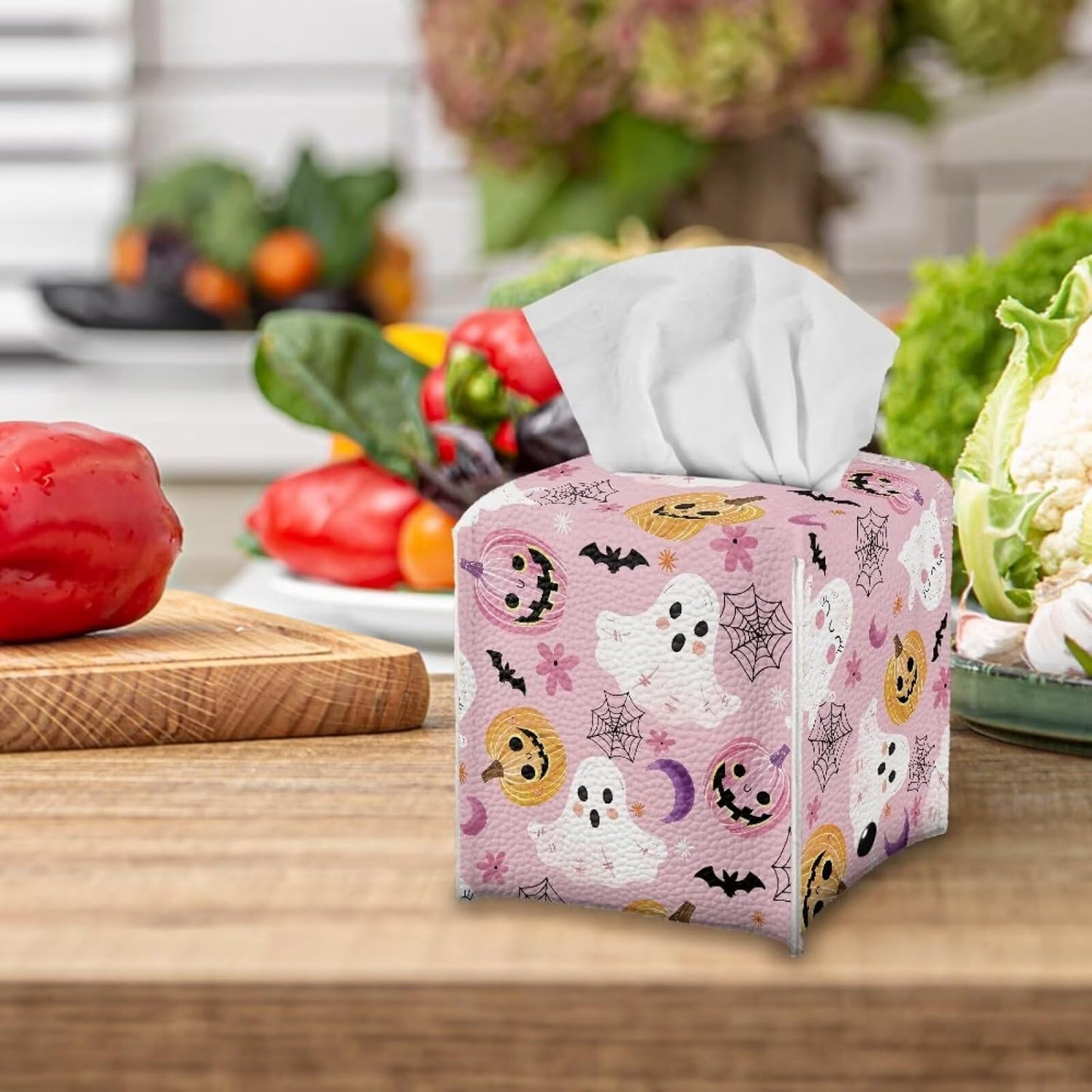 Cute Ghost Tissue Box Cover Square Tissue Box Holder Pink Facial Paper Organizer Home Decoration Accessories for Desk Bathroom Vanity Countertop, Pumpkin Spider Web Print
