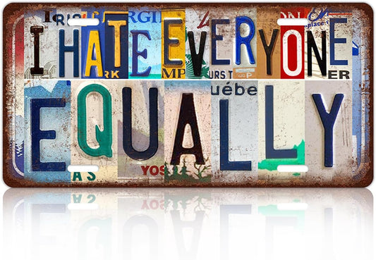 Vintage License Plate Wall Decor I Hate Everyone Equally Metal Tin Sign For Bar Home 12 x 6 Inches