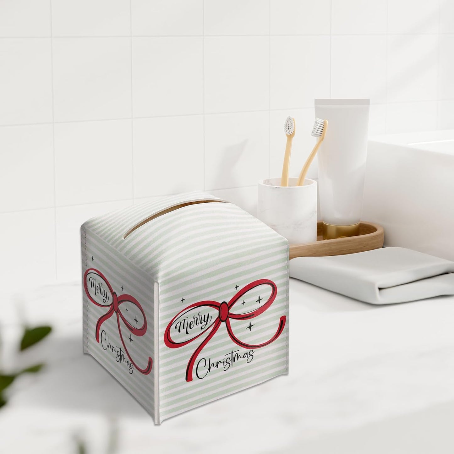 Merry Christmas Tissue Box Holder, Christmas Bow Leather Tissue Box Cover Square, Paper Facial Decorative Tissues Cover for Night Stands Bathroom Kitchen Office Home Decor-B25