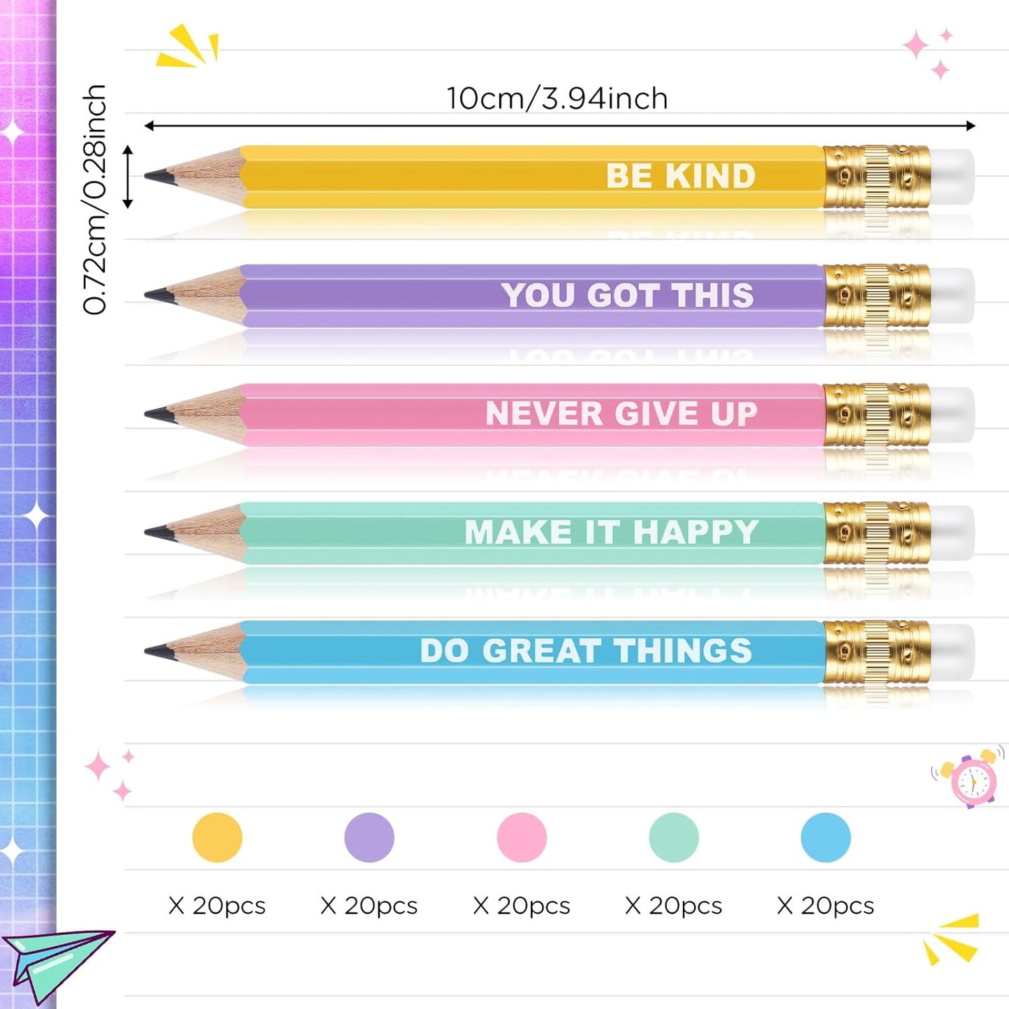 Jetec 100 Pcs Mini Pencils Bulk Inspirational Golf Wooden Half Pencils with Eraser and Motivational Sayings Back to School Gifts for Kids Student Teacher First Day of School(Candy Color)