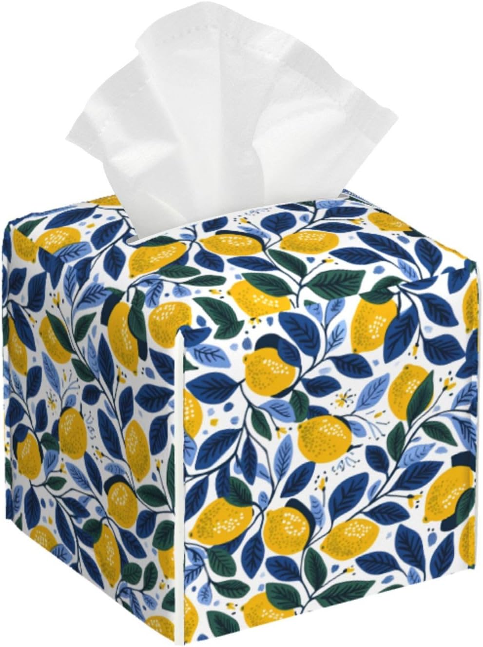 Tissue Box Cover Summer Lemon Leaves Square PU Leather Tissue Box Holder for Car Bathroom Bedroom Desk Tabletop Decor
