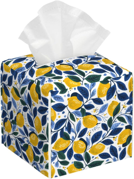 Tissue Box Cover Summer Lemon Leaves Square PU Leather Tissue Box Holder for Car Bathroom Bedroom Desk Tabletop Decor