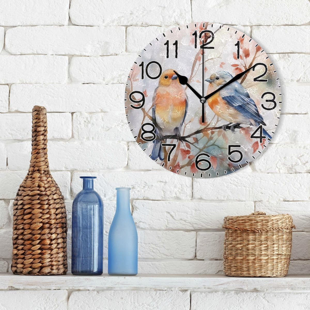 Birds on Branch Wall Clock Battery Operated Non Ticking Silent Quartz Analog Rustic Farmhouse Round Clock Retro Decor for Home Kitchen Living Room Bathroom