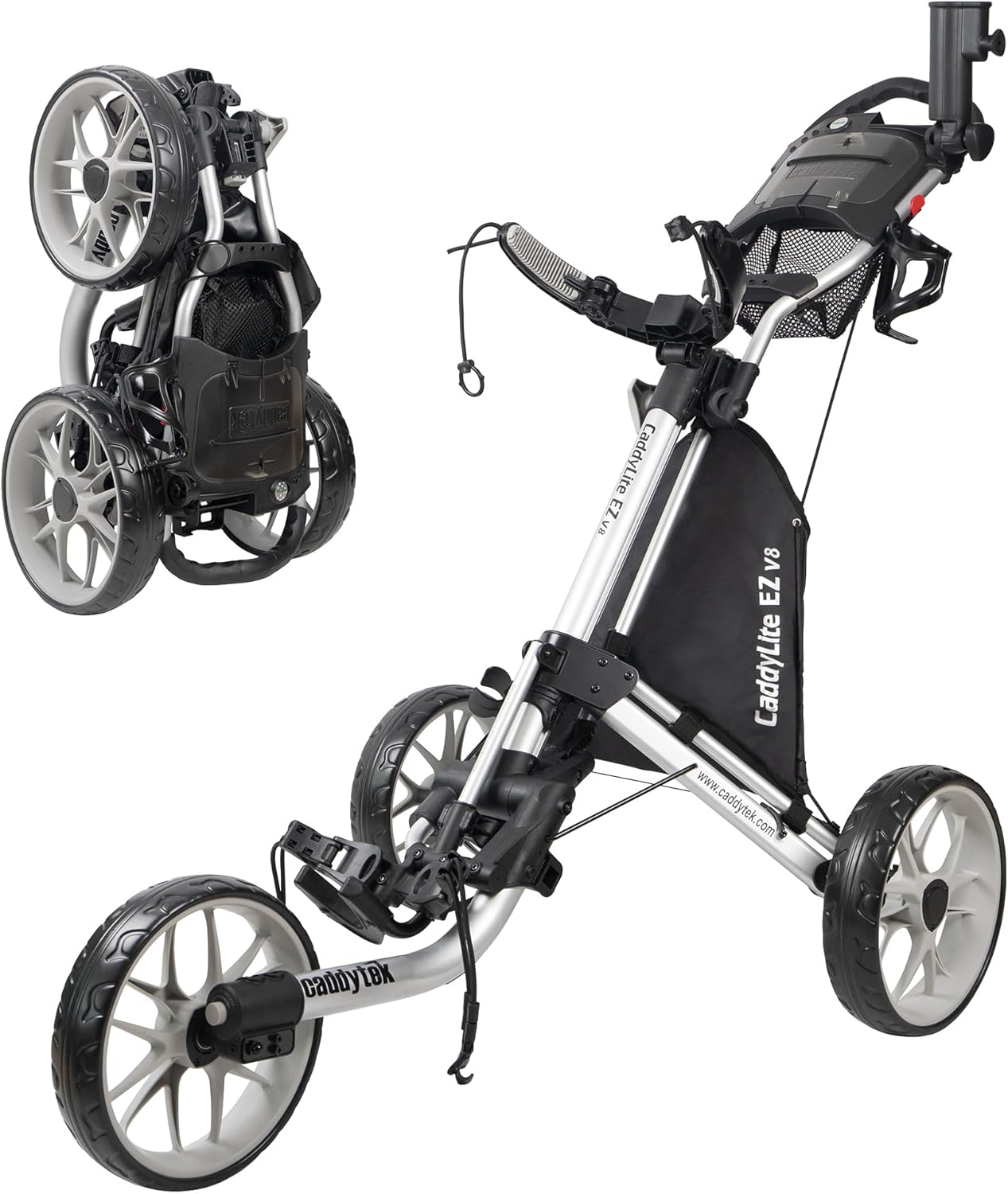 Caddytek CaddyLite EZ V8 Golf Push Cart - Lightweight 3 Wheel Foldable Cart with One-Click 2-Step Folding, EVA Wheels, Adjustable Handle, Cooler Basket, Umbrella & Drink Holder, Compact Golf Cart