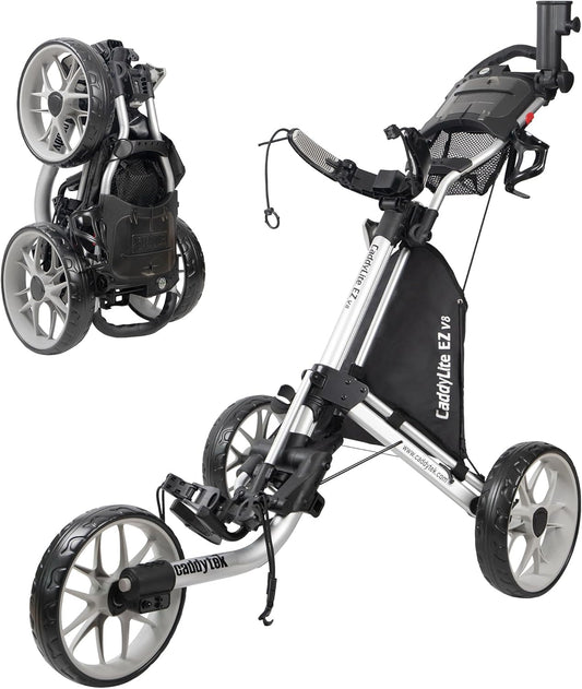 Caddytek CaddyLite EZ V8 Golf Push Cart - Lightweight 3 Wheel Foldable Cart with One-Click 2-Step Folding, EVA Wheels, Adjustable Handle, Cooler Basket, Umbrella & Drink Holder, Compact Golf Cart