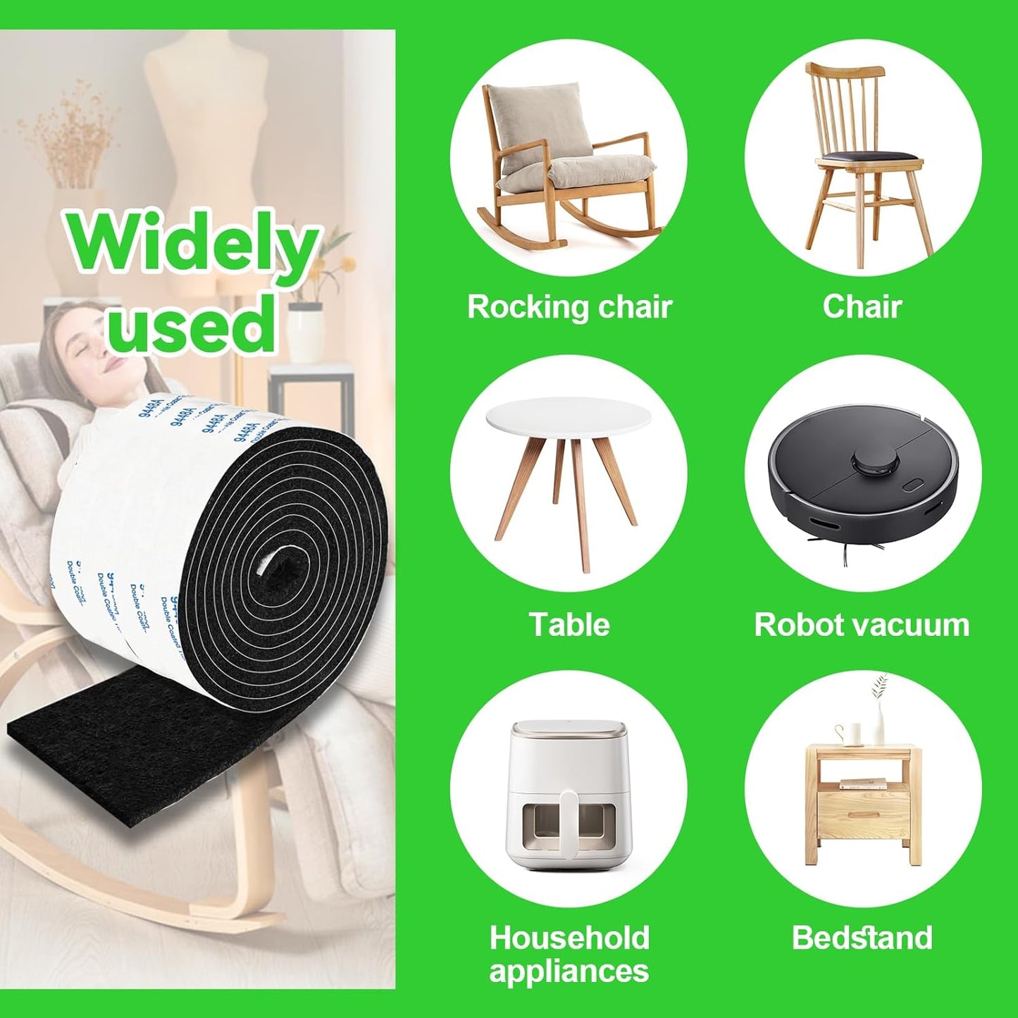 Felt Strips with Adhesive Backing, Adhesive Felt Strips, 2 Felt Rolls 2X 60 Inches Black, Felt Tape with Adhesive Backing, Furniture Felt Strips