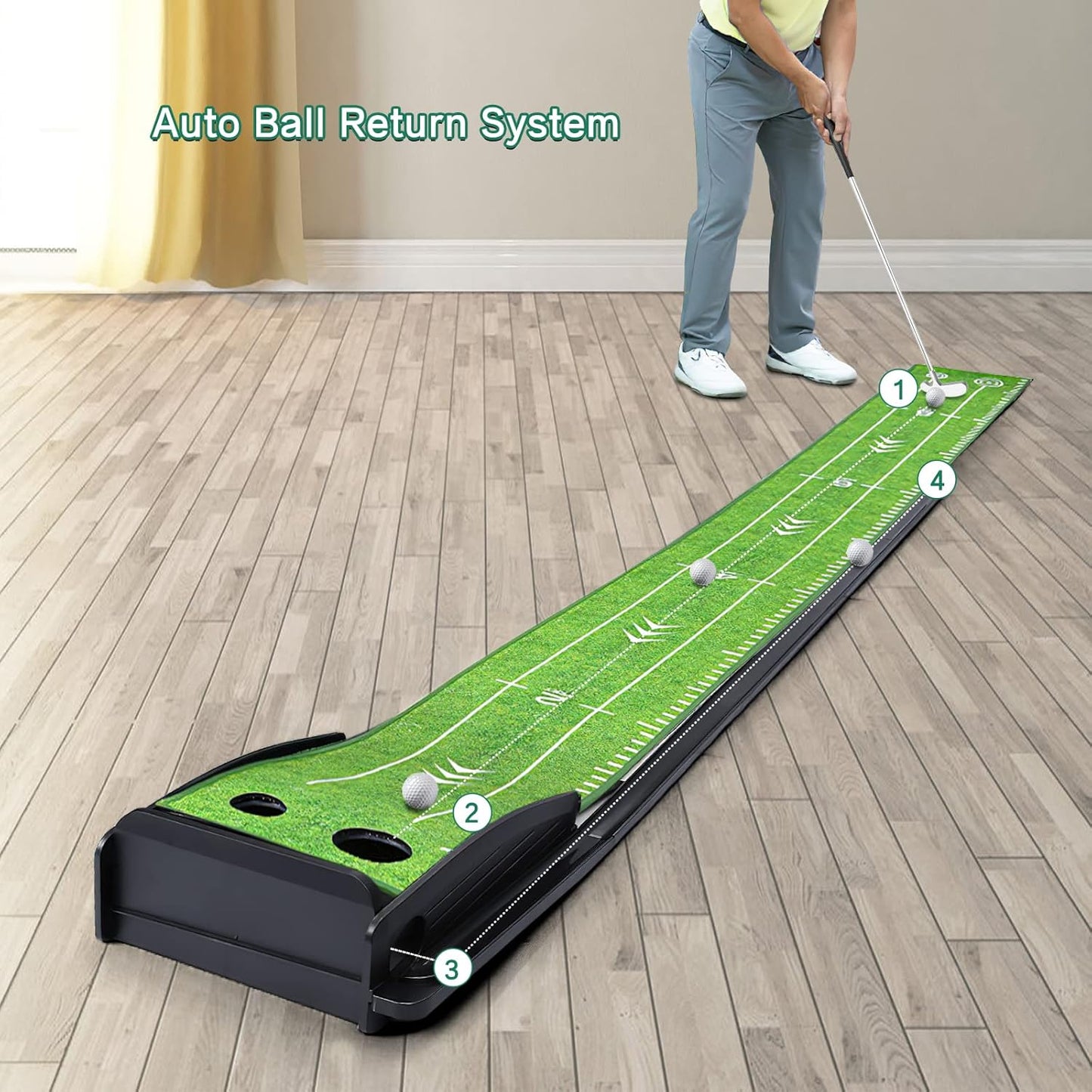 Golf Putting Green Indoor Putting Green Set with Putter & 6 Balls, Putting Practice Mat with Auto Ball Return System Suitable for Office, Backyard, Patio, Golf Gift for Men