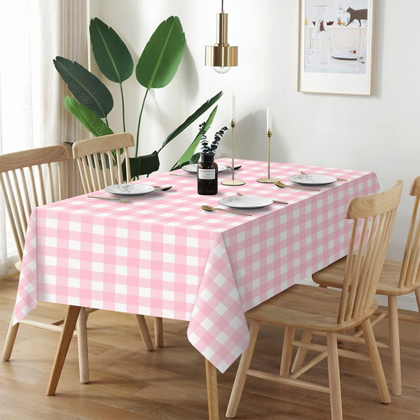 QIKSION Pink Gingham Tablecloth Disposable 6 Pack, 54 x 108 Inch Pink and White Checkered Table Cloth for Rectangle Tables, Plastic Table Cover