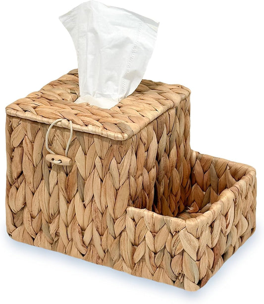PINXIURY Water Hyacinth Tissue Box Cover Square, Tissue Box Holder, Tissue Box with Remote Organizer, Bedside Organizer, Remote Holder for Bedroom, Livingroom, Office