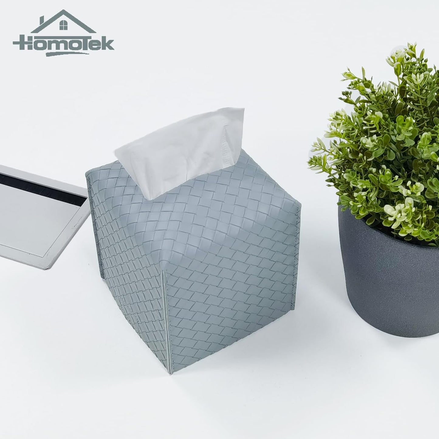 HOMOTEK 2 Pack Tissue Box Cover,PU Leather Tissue Holder,Square Decorative Facial Tissue Cube Paper Organizer Dispenser for Bathroom, Night Stands, Desk, Car 5X5X5'' - Woven Waffle,Light Gray
