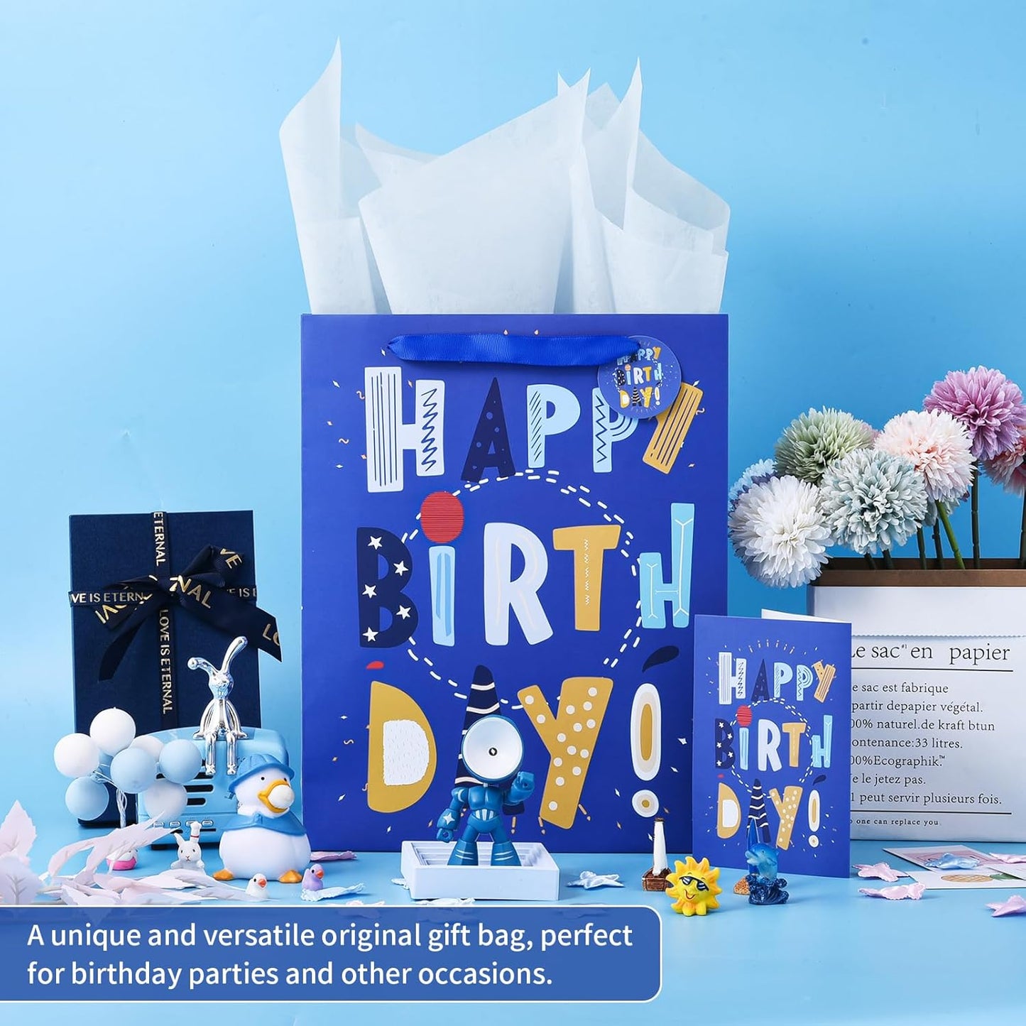 13" Blue Happy Birthday Bag with Tissue Paper and Greeting Card for Party,Happy Birthday Gift Bag for Kids, Boys, Girls, Baby Boy,Men Women,Gift Bags Medium size (1 PCS Blue, Kids Gift Bag)