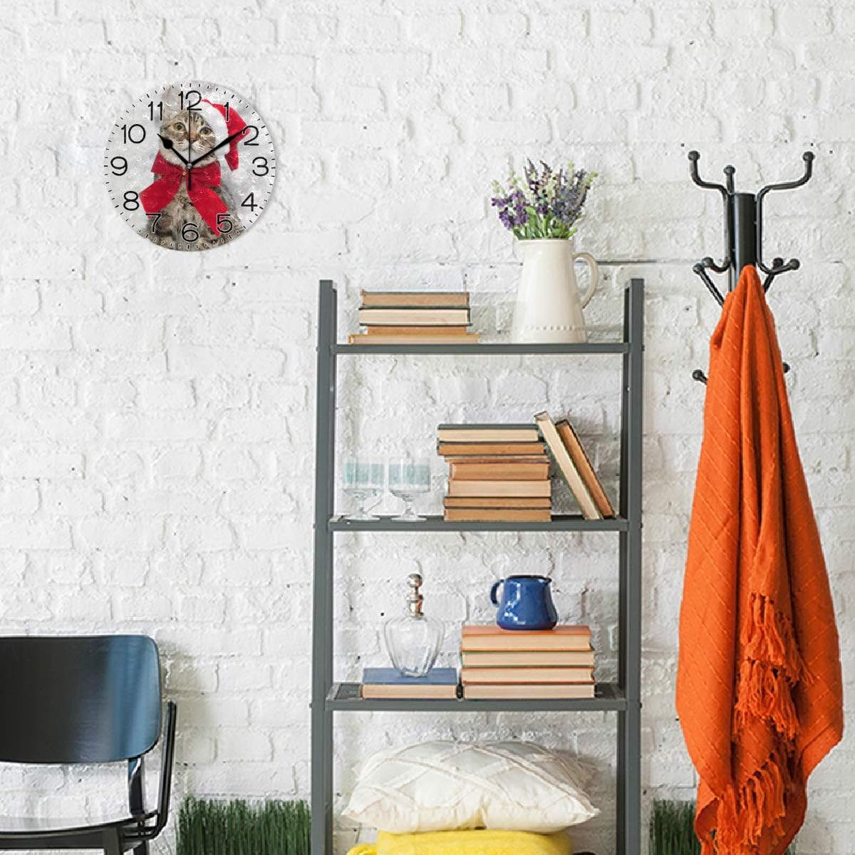 Merry Christmas Cat Red Santa's Hat Wall Clock Battery Operated Non Ticking Silent Quartz Analog Rustic Farmhouse Round Clock Retro Decor for Home Kitchen Living Room Bath