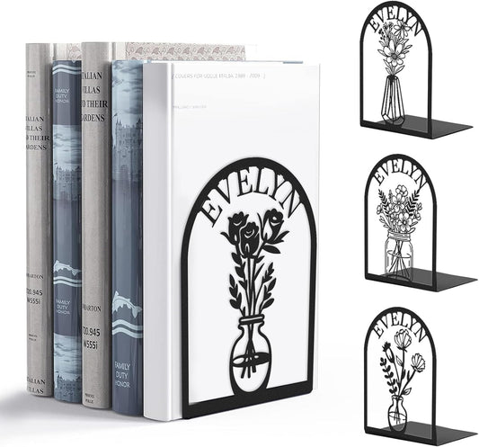 Custom Name Metal Book Ends 2 Pcs, Unique Bookends for Shelves Room Decorative, Heavy Duty Metal Bookends, Non-Slip Book Stopper, Book Shelf Holder for Home Office School, Book Lovers Gifts