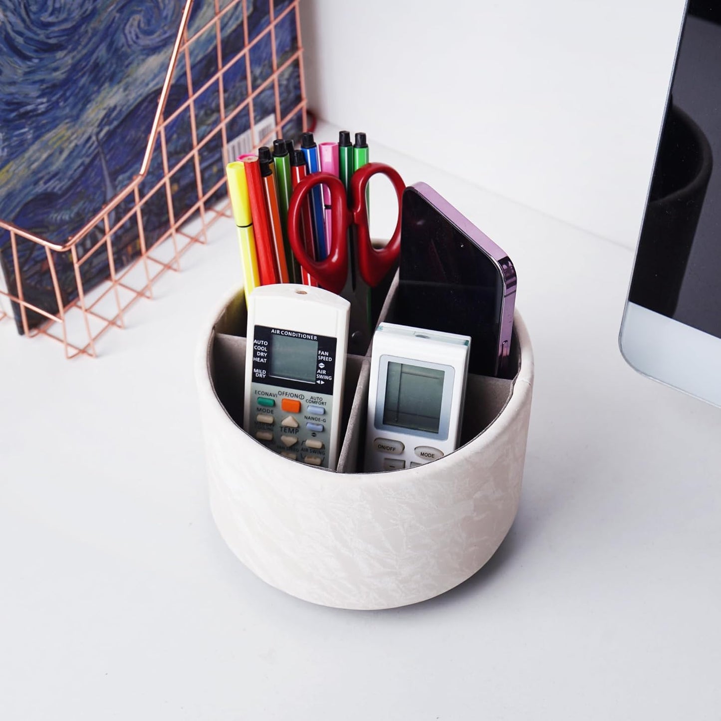 Hennaja Round Leather Art Supply Organizer,Remote Control Holder,360 Degree Spinning,Multi-Functional Pencil Holder,4 Compartments Desktop Stationary Organizer(1-Hill White)