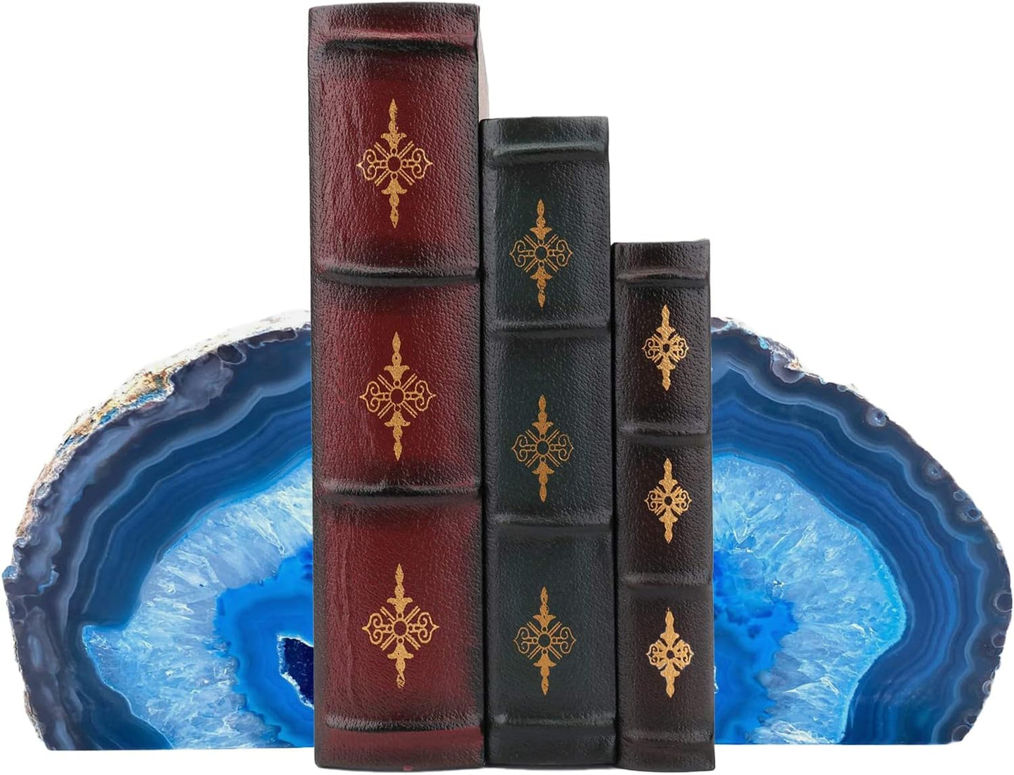 AMOYSTONE Blue Agate Stone Bookends, Heavy Sturdy Bookends for Heavy Books, Rock Crystal Book Holder, 6-8 LBS, Decorative Bookends for Home Office Desk, Perfect Housewarming Gift