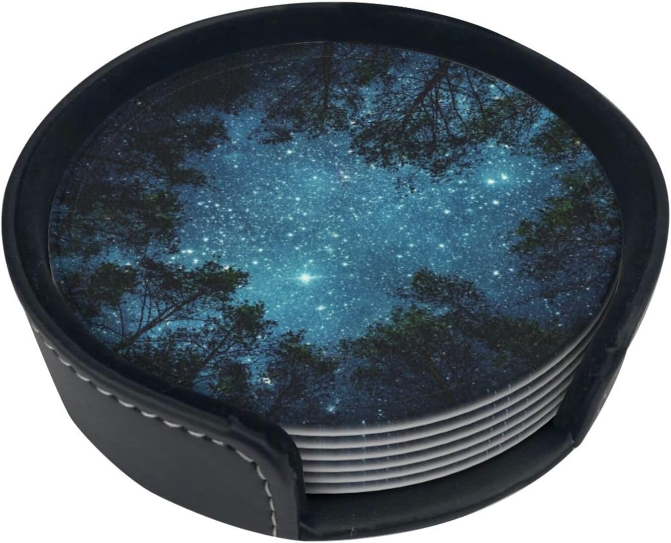 Night Sky Cool Tree Space Star Coasters for Drinks Round Leather Coaster with Holder Set of 6 for Tabletop Protection Desk Accessories Office Home Room Decor