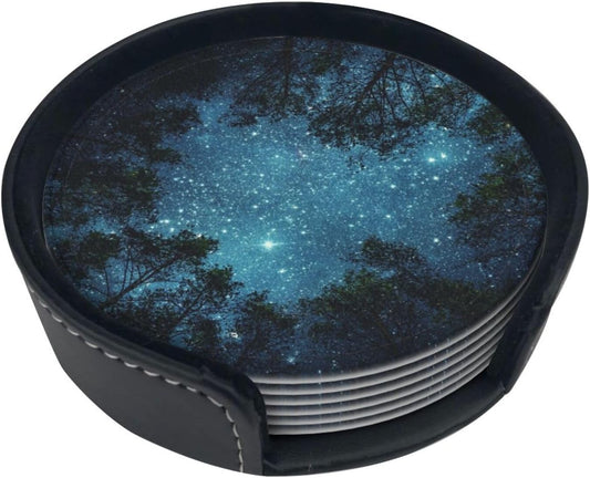 Night Sky Cool Tree Space Star Coasters for Drinks Round Leather Coaster with Holder Set of 6 for Tabletop Protection Desk Accessories Office Home Room Decor