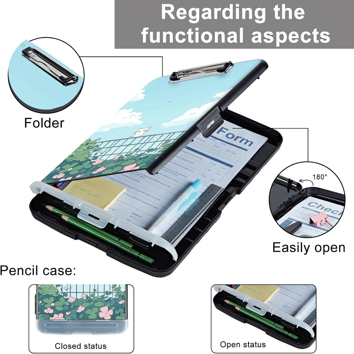 Clipboard with Storage - Large Capacity,Nursing Clipboard with Pen Holder,Heavy Duty,Plastic Side-Opening Folder for Teacher,Nurse - Cat Under Blue Sky