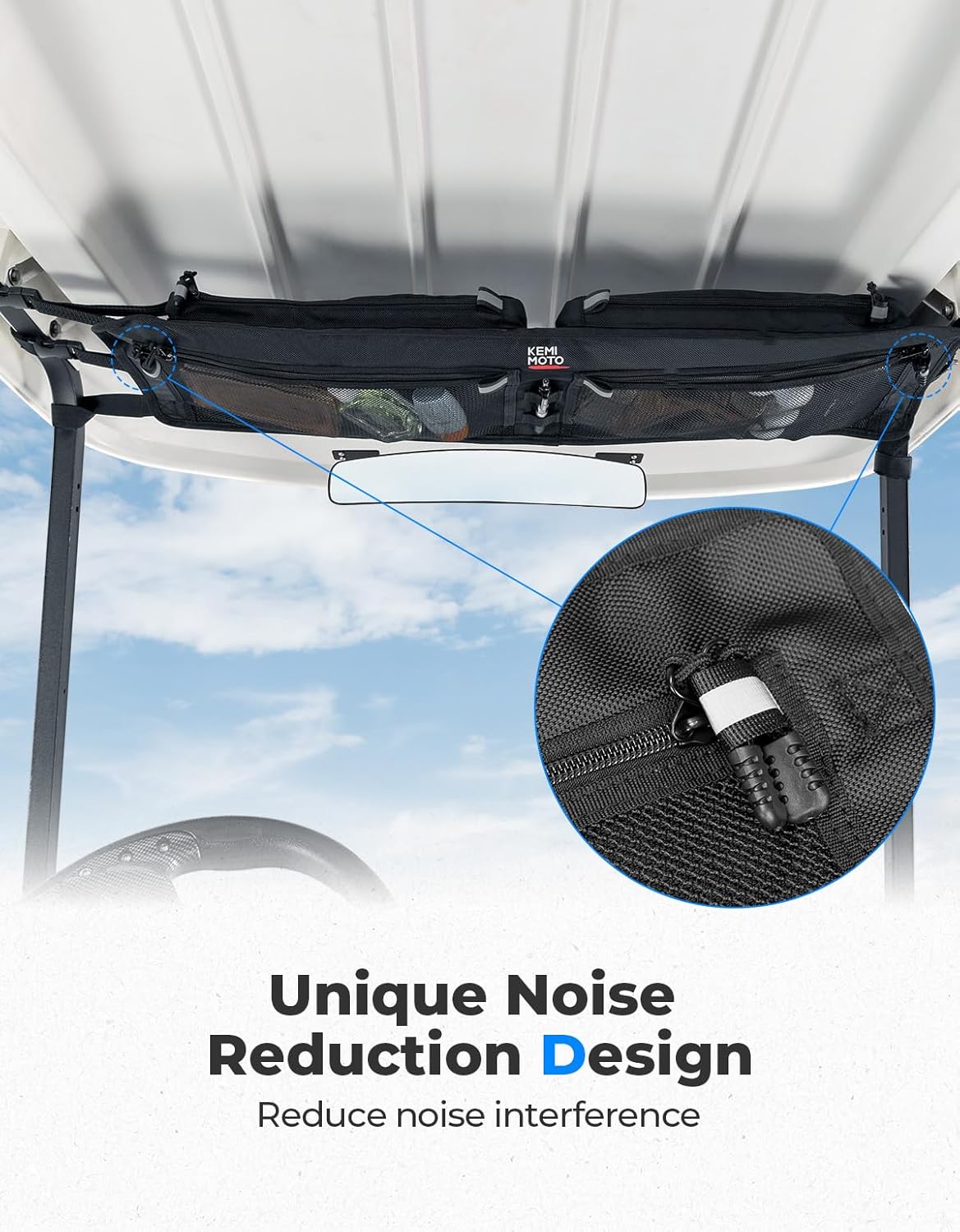 KEMIMOTO Upgraded Golf Cart Overhead Storage Bag, Ceiling Storage with Dual Mesh Pockets Compatible with Club Car Precedent,Tempo, and Onward, 1680D Overhead Organizer, Black