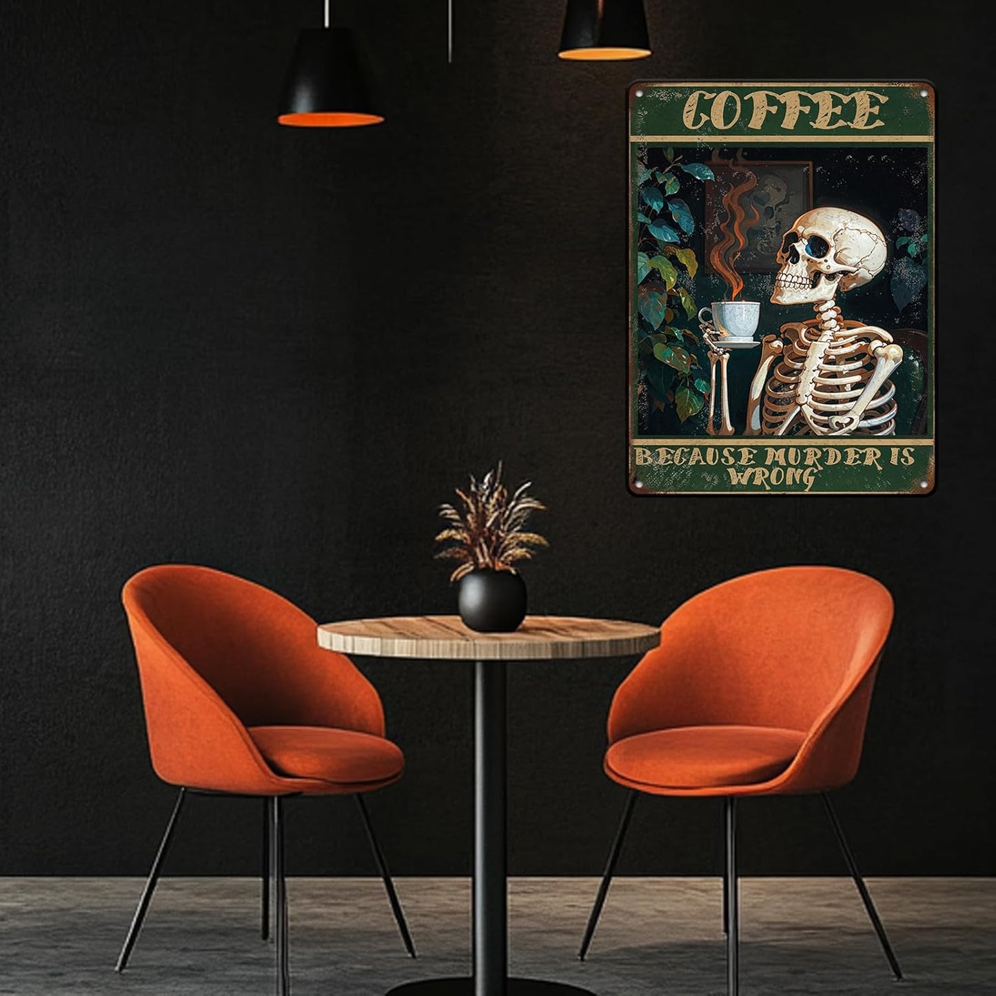 Vintage Coffee Skull Tin Sign Skeleton Old Fashioned Because Murder Is Wrong Metal Tin Sign Poster 12x16 Inch Home Restaurant Coffee Shop Wall Decor