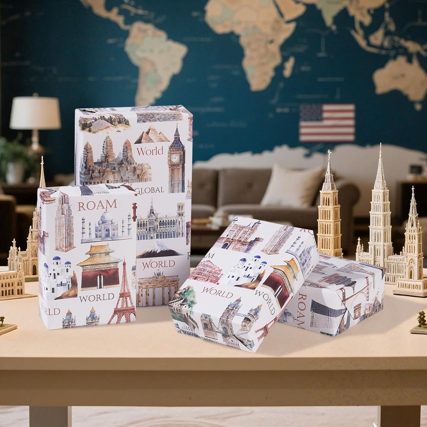 Pineraap World Landmark Wrapping Paper Roll - 17Inch x16.4Feet - Eiffel Tower,Big Ben,Statue of Liberty Themed Watercolor Gift Wrap for Travel Enthusiasts,Holidays,Birthdays