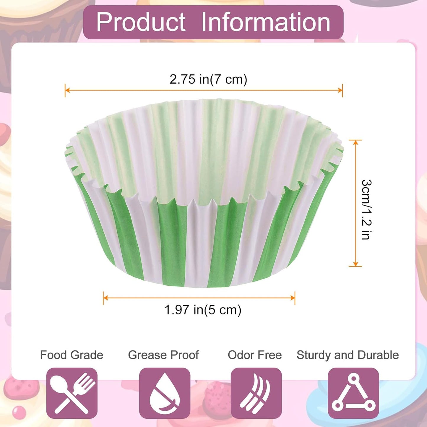 HARFINGTON 100 Count Cupcake Liners Green Stripes Cupcake Cups Standard Size Muffins Liners Papers Baking Cups Wrappers Greaseproof for Party Wedding Birthday