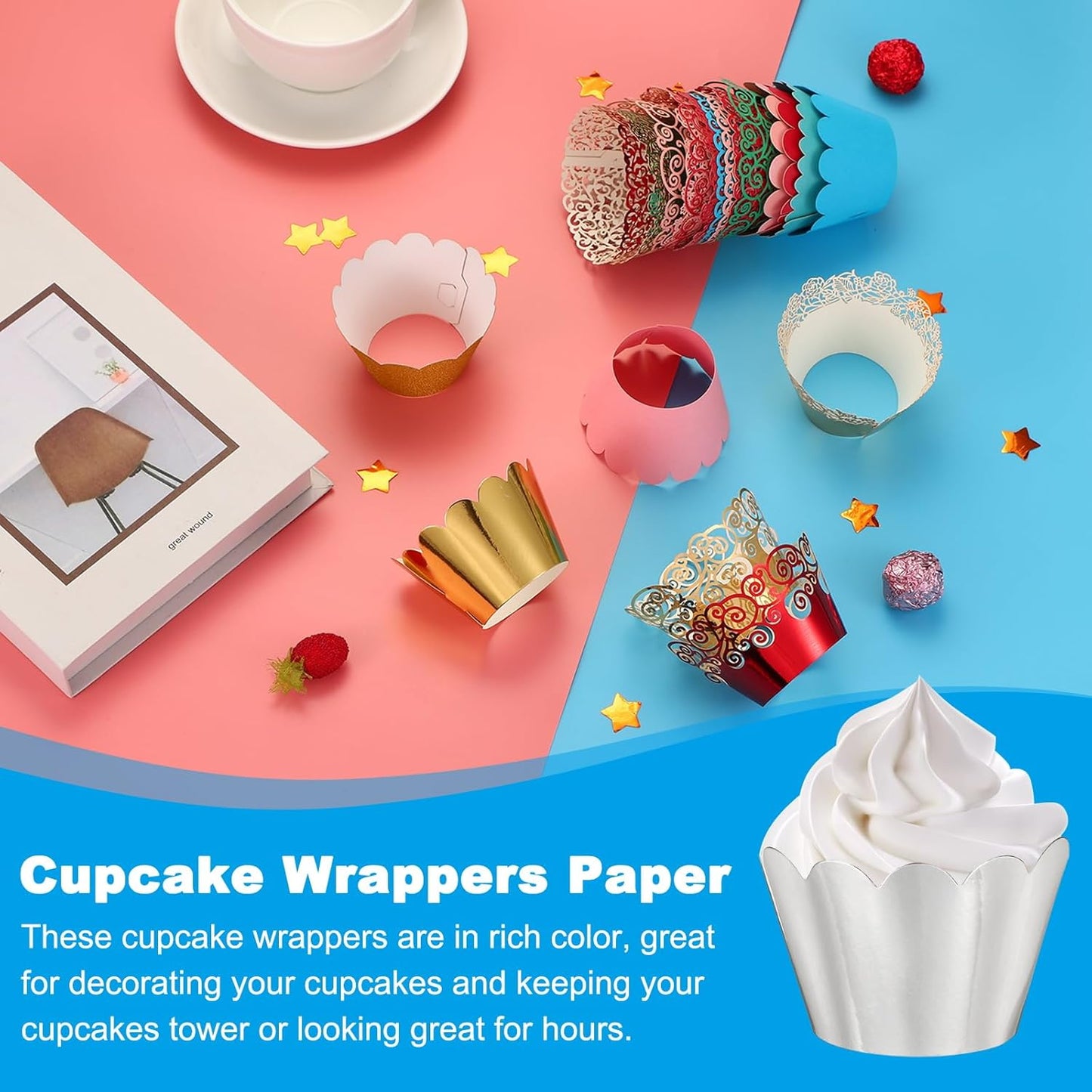 PATIKIL Cupcake Wrappers Paper, 50 Pack Baking Cups Standard Wave Decoration for Anniversary Birthday Weddings and Parties, Reflective Silver
