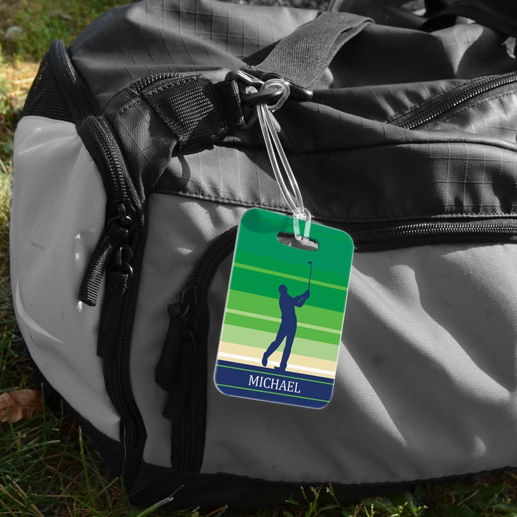 ChalkTalkSPORTS Golf Luggage & Bag Tag | Personalized Male Golfer | Standard Lines on Back | Medium | Green