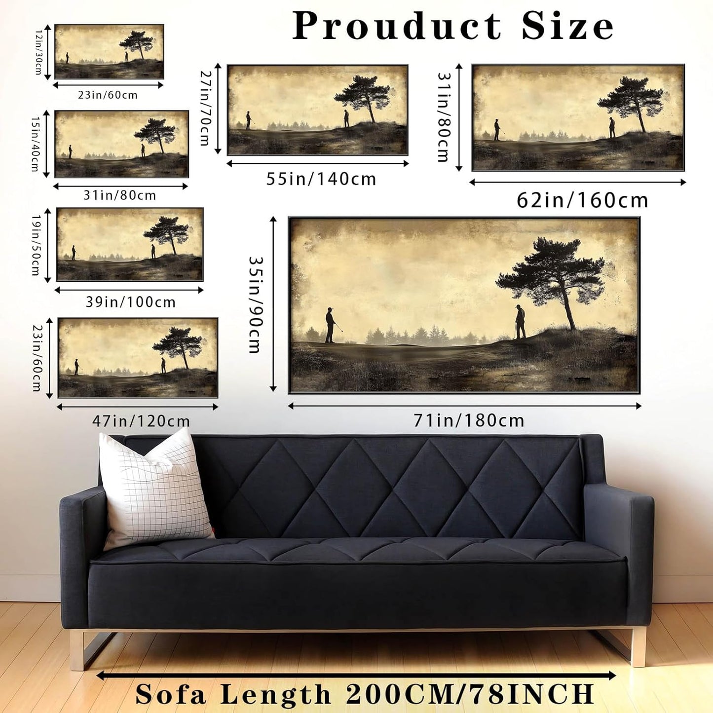 Vintage Golfers Landscape Wall Art, Golf Canvas Print, Golfers Picture Artwork for Wall, Rustic Wall Art, Horizontal Wall Decor, Vintage Sports Poster, Gift for Dad, Man Cave Decor (Gold Framed, 62"x31"|160x80cm)