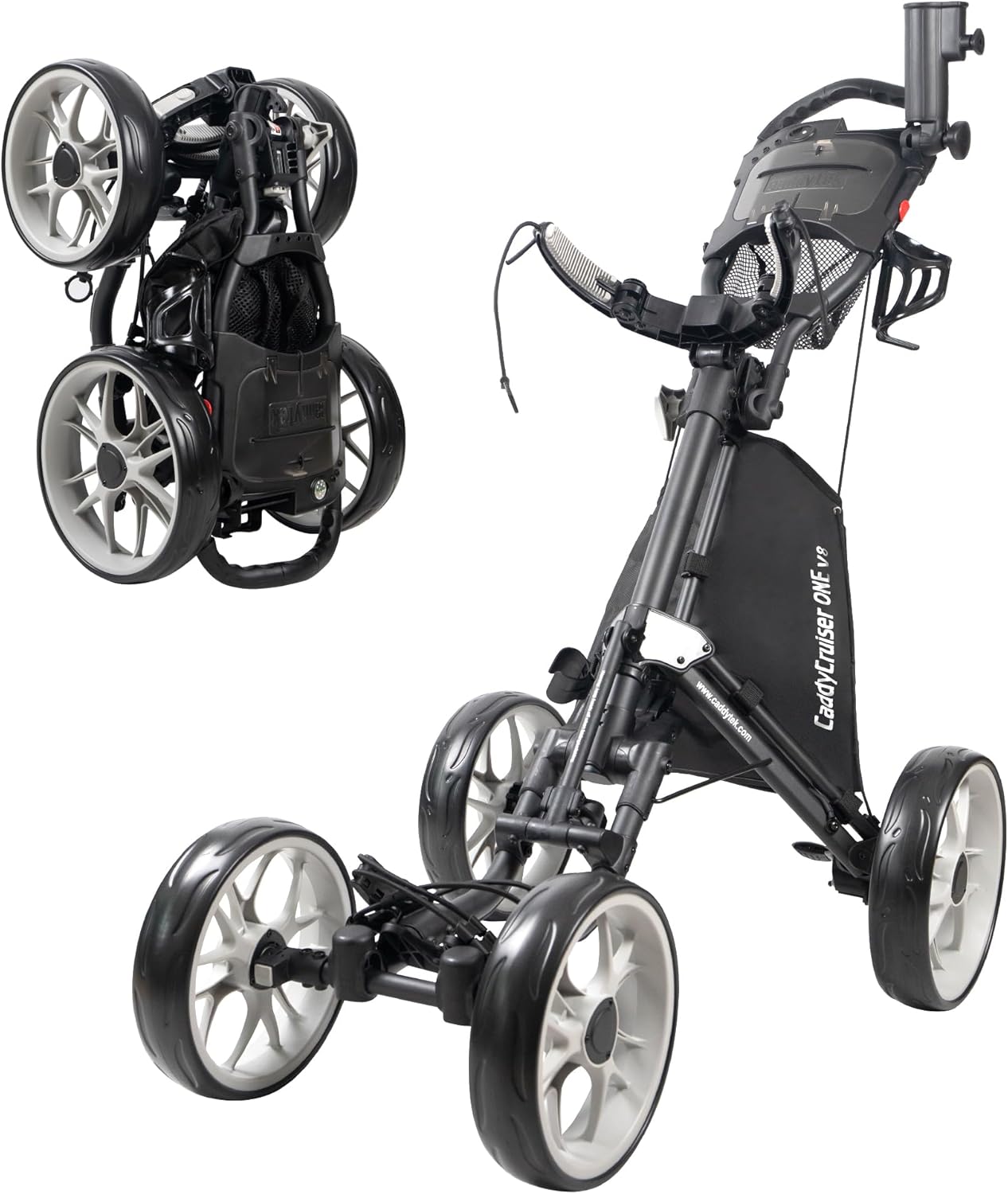 CaddyTek 4 Wheel Golf Push Cart - Caddycruiser One Version 8 1-Click Folding Trolley - Lightweight, Compact Pull Caddy Cart, Easy to Open