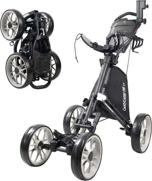 CaddyTek 4 Wheel Golf Push Cart - Caddycruiser One Version 8 1-Click Folding Trolley - Lightweight, Compact Pull Caddy Cart, Easy to Open