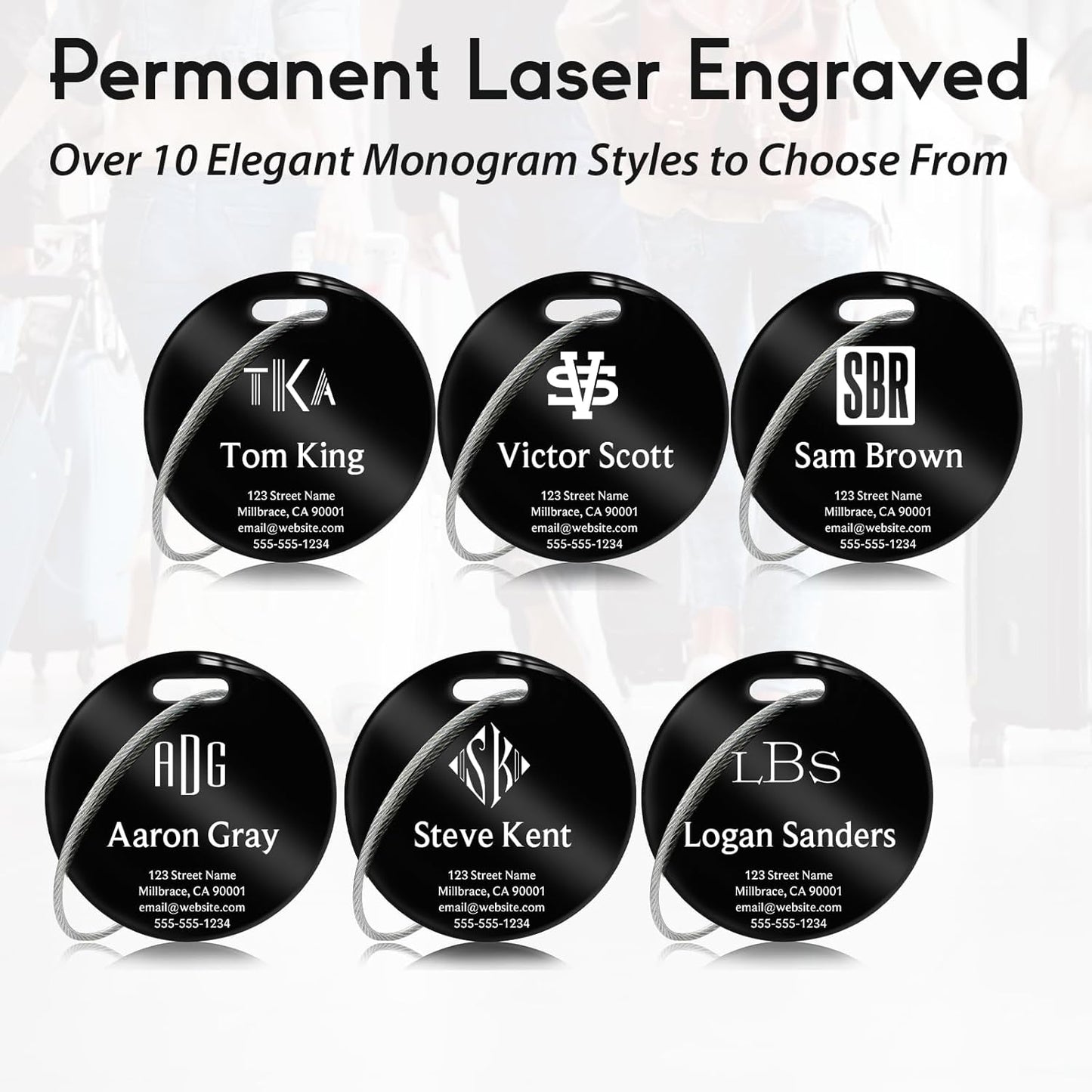 Personalized Luggage Tags for Suitcases - Stainless Steel Custom Luggage Tags for Backpacks & Bags, Sturdy, Waterproof & Heavy Duty (Black/Round)