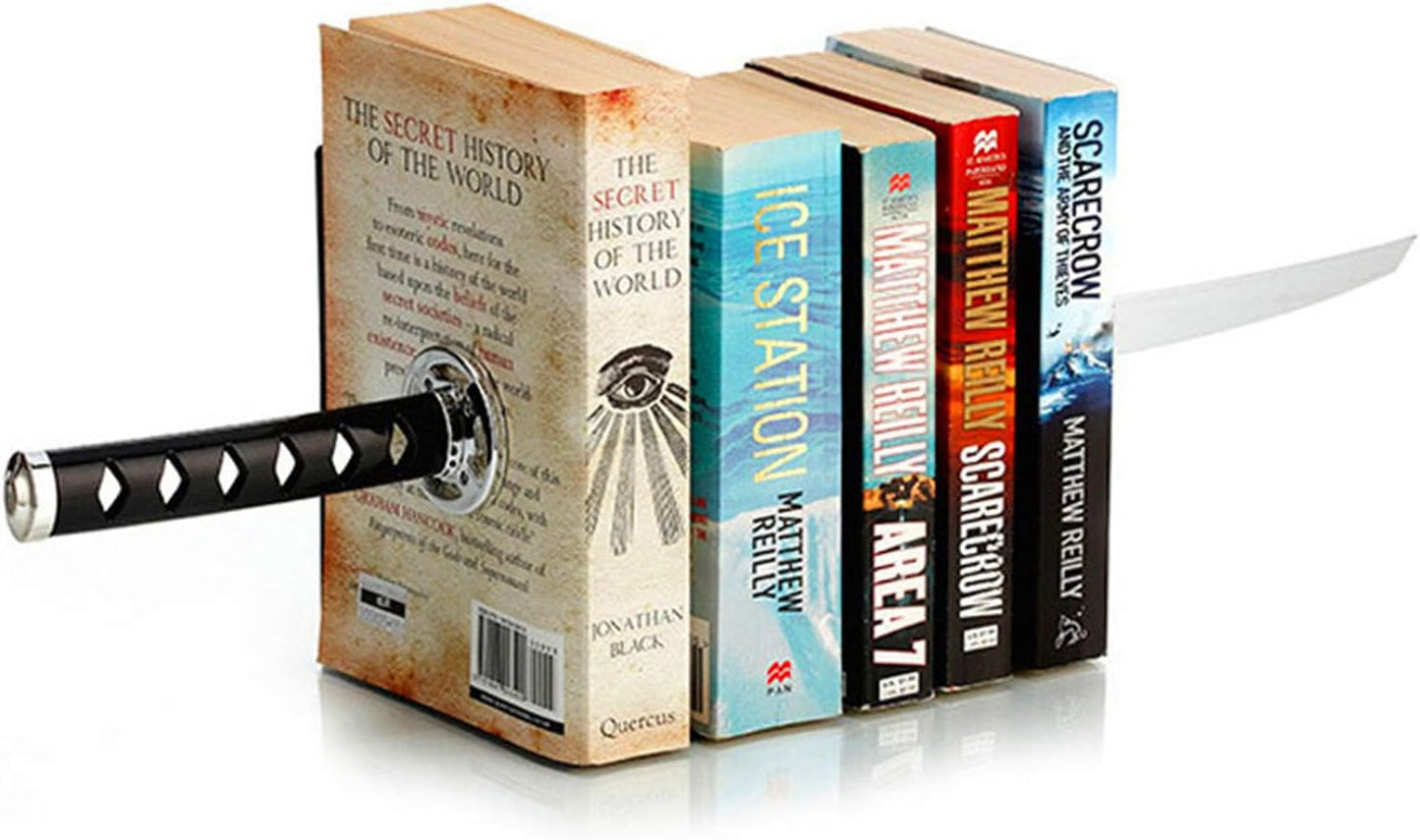 Book Ends Decorative, Modern Metal Funny Unique Black DVD Bookends for Shelves, Katana Book Stopper Holder for Office Home, Desk Gifts Book Stands for Men and Book Lovers