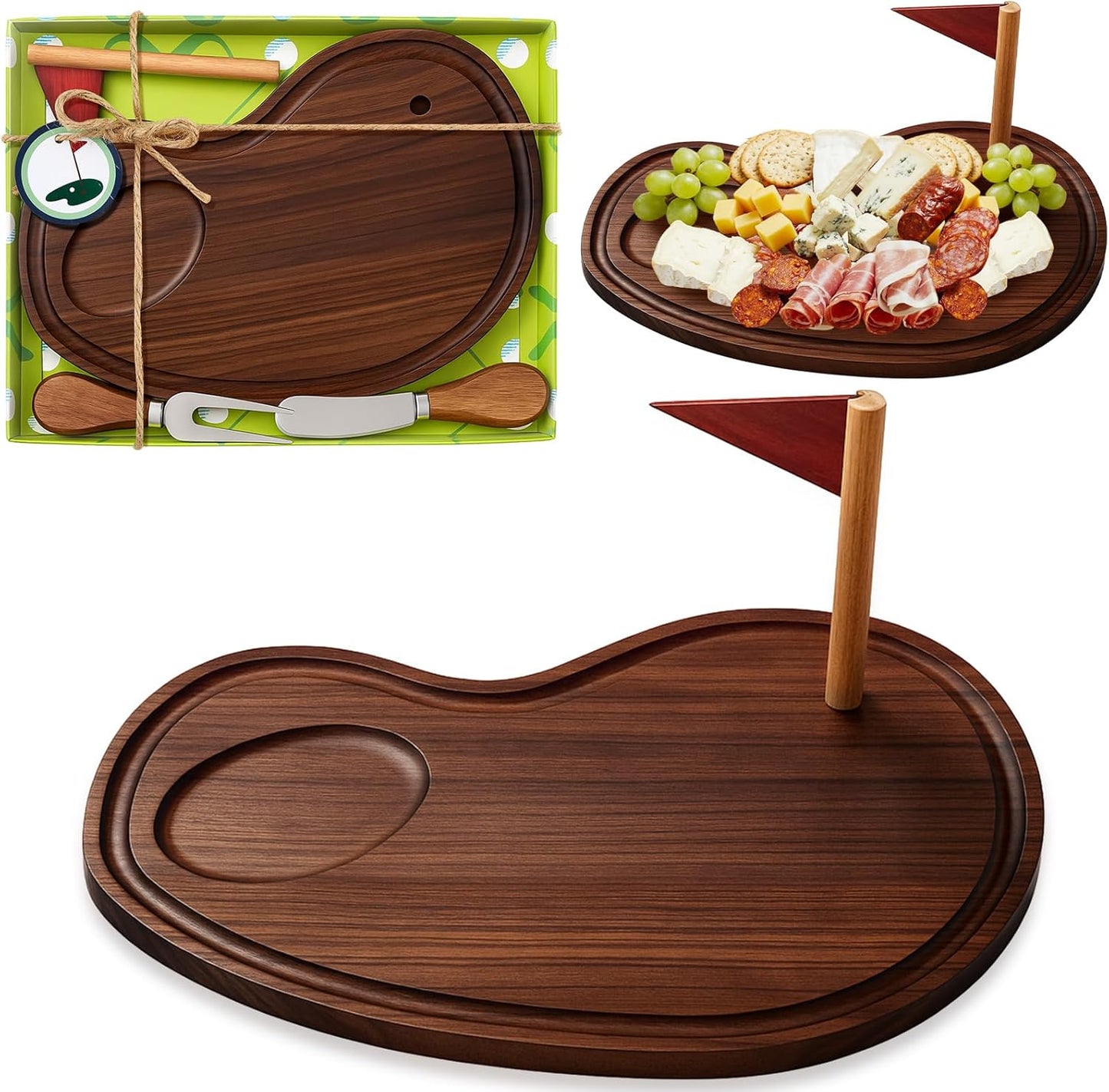 Golf Cheese Board Gift Set Golf Party Favor Prizes Charcuterie Wood Board with Knives and Box Father Day Gift for Dad Grandpa Party Tournament Game(Walnut,15 x 8.3 x 0.47 ")
