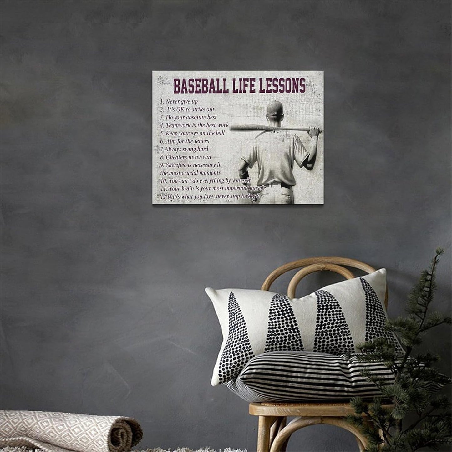 Baseball Sports Wall Art Baseball Life Lessons Wall Decor Baseball Sign Retro Poster Boy Men Motivational Decorations Canvas Print Painting Artwork for Bedroom Bathroom Living Room Gym 16"x12"