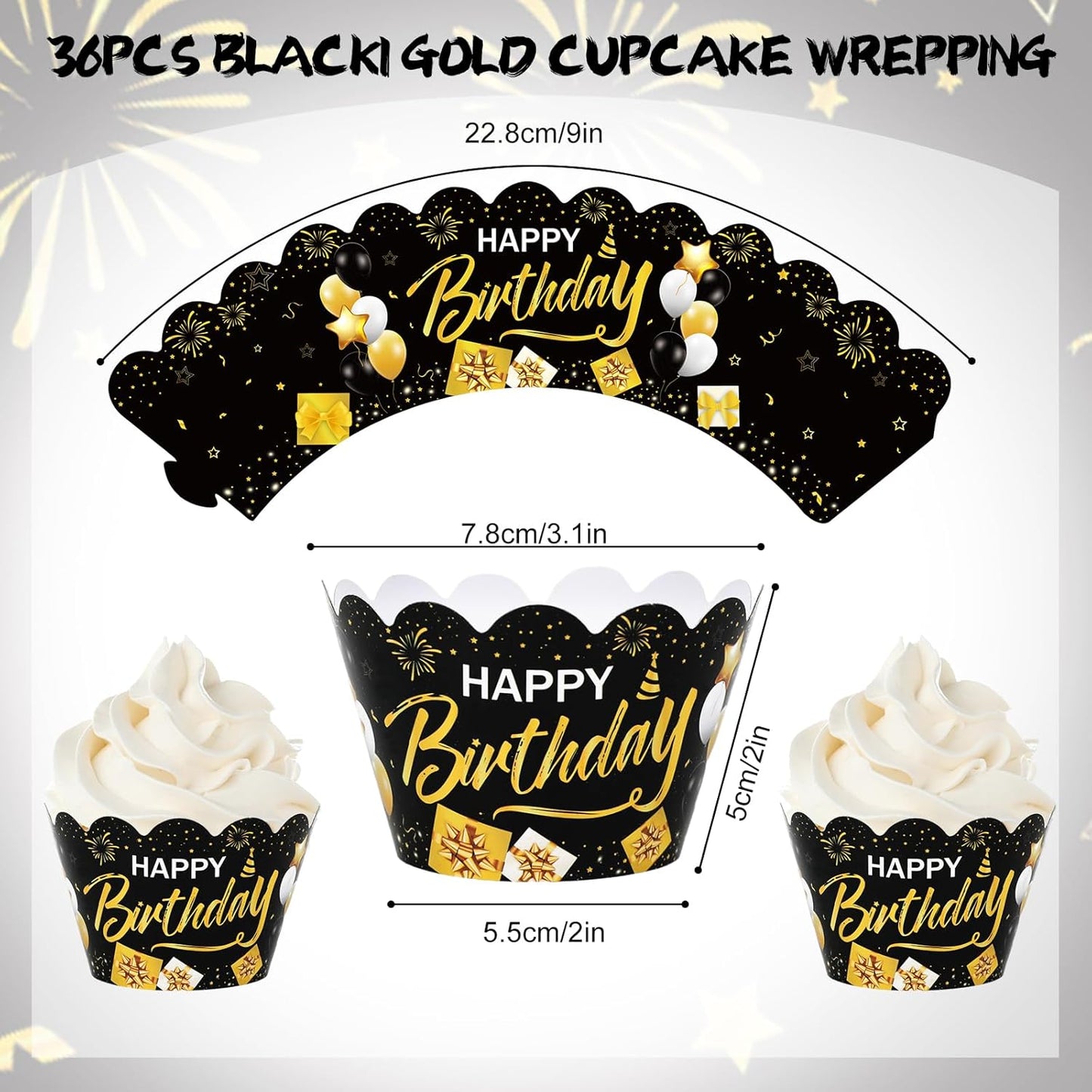 Whaline 36Pcs Happy Birthday Cupcake Wrappers Black Gold Birthday Cupcake Liners Decorative Cupcake Holders for Baby Shower Birthdays Party Cake Decoration