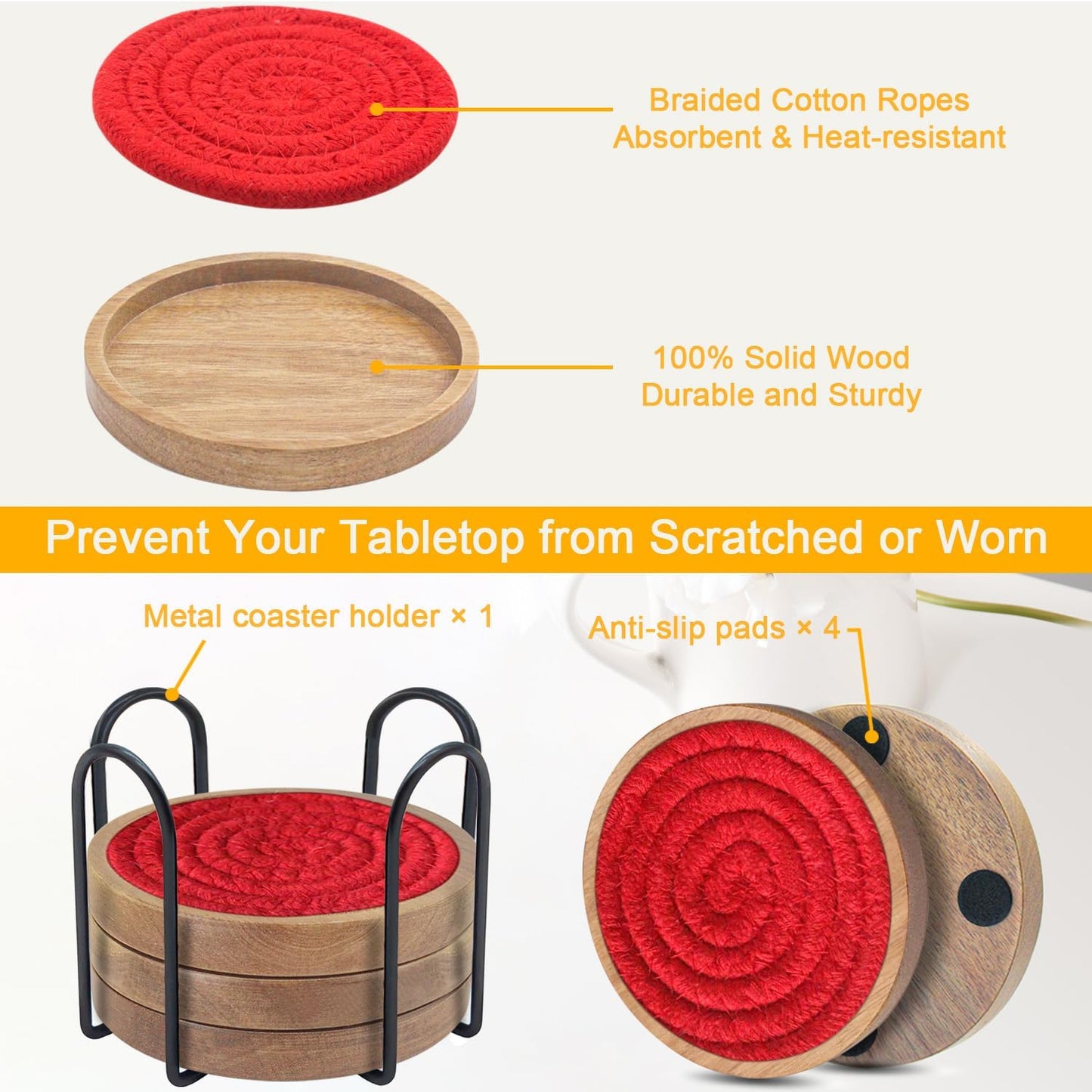 Woven Coasters Set of 5 with Holder, Wooden Drink Coasters for Coffee Table, Housewarming Gift for Farmhouse Home Decor, 4 inches (Red)