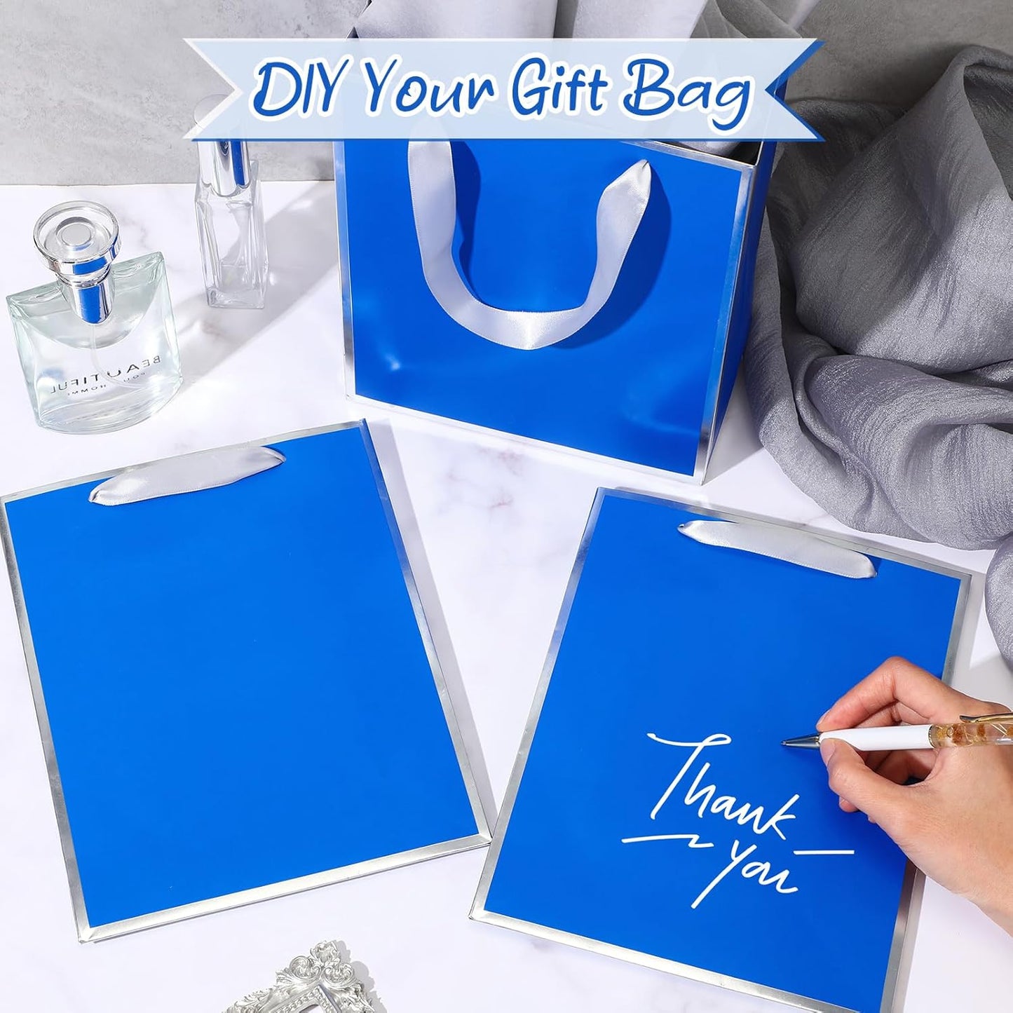 Yeaqee 24 Pack Metallic Paper Gift Bags with Handle and Tissue 9x7x3.1 Gold Foil Welcome Favor Bags Return Gifts for Wedding Fall 5 Senses Christmas Bridesmaid Birthday(Royal Blue,Silver)