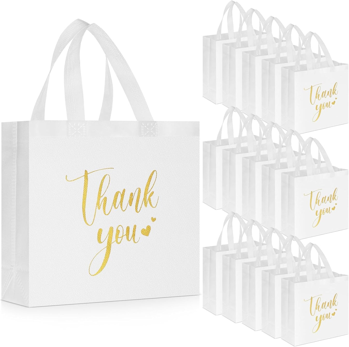 Sweetude 30 Pcs Thank You Gift Bags with Handles Bulk Reusable Goodie Bag Non Woven Foldable Handbag for Graduation Wedding Bridesmaid Gifts(11 x 12 x 5 Inch,White)