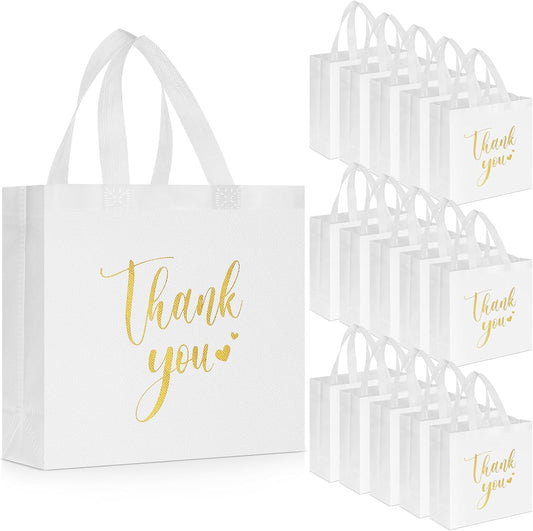 Sweetude 30 Pcs Thank You Gift Bags with Handles Bulk Reusable Goodie Bag Non Woven Foldable Handbag for Graduation Wedding Bridesmaid Gifts(11 x 12 x 5 Inch,White)
