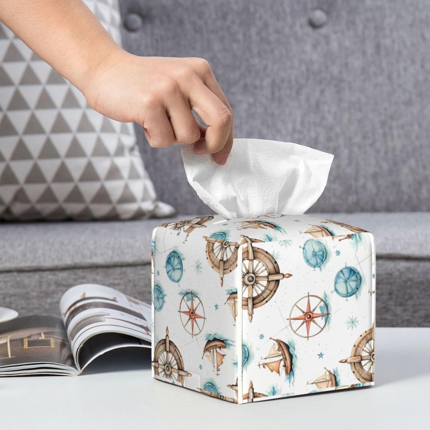 Tissue Box Cover Nautical Ocean Anchor Compass Ship Square PU Leather Tissue Box Holder for Car Bathroom Bedroom Desk Tabletop Decor
