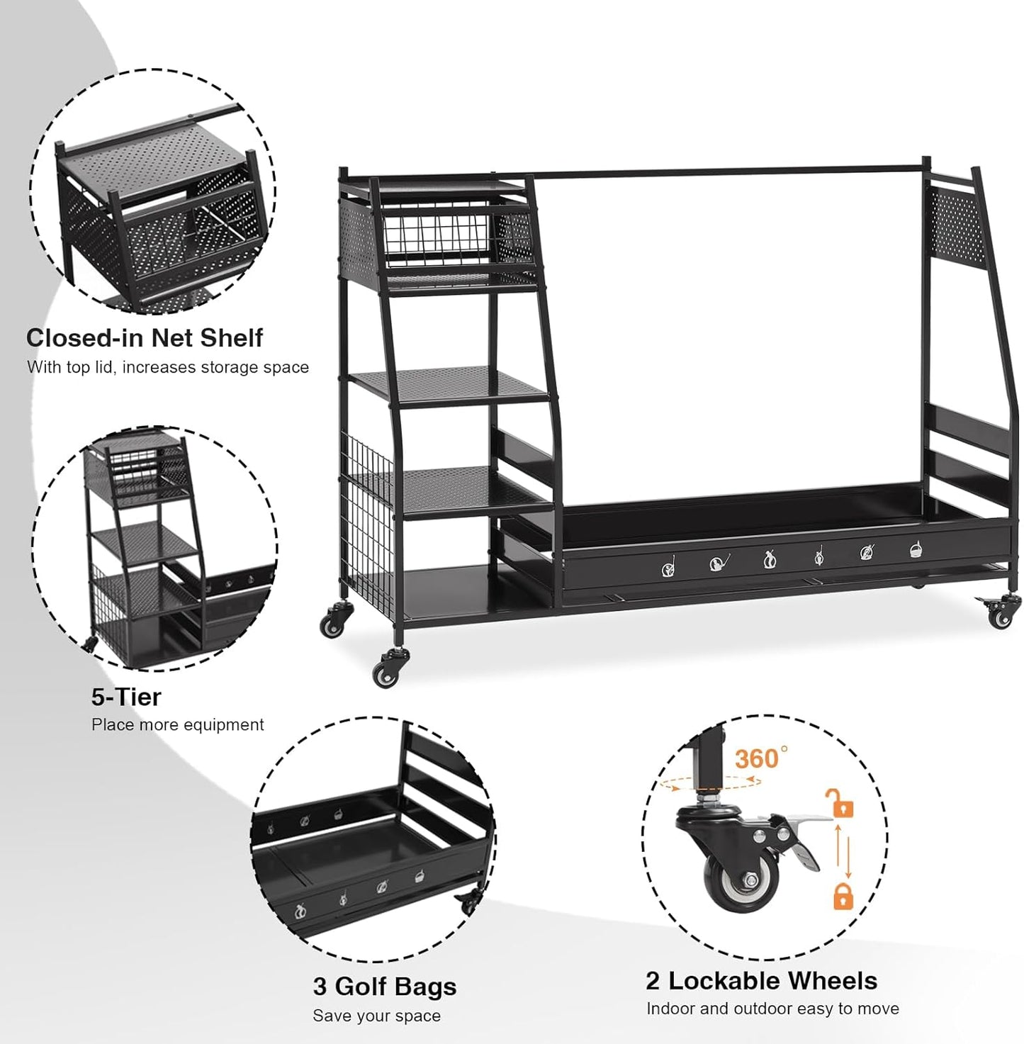 Lauren&Harold Golf Bag Organizer Garage Storage, Golf Storage Rack Stand Fits 2 Golf Bags, Golf Clubs and Other Golfing Equipment Accessories, Golf Organizer for Garage, Club, Shed, Basement