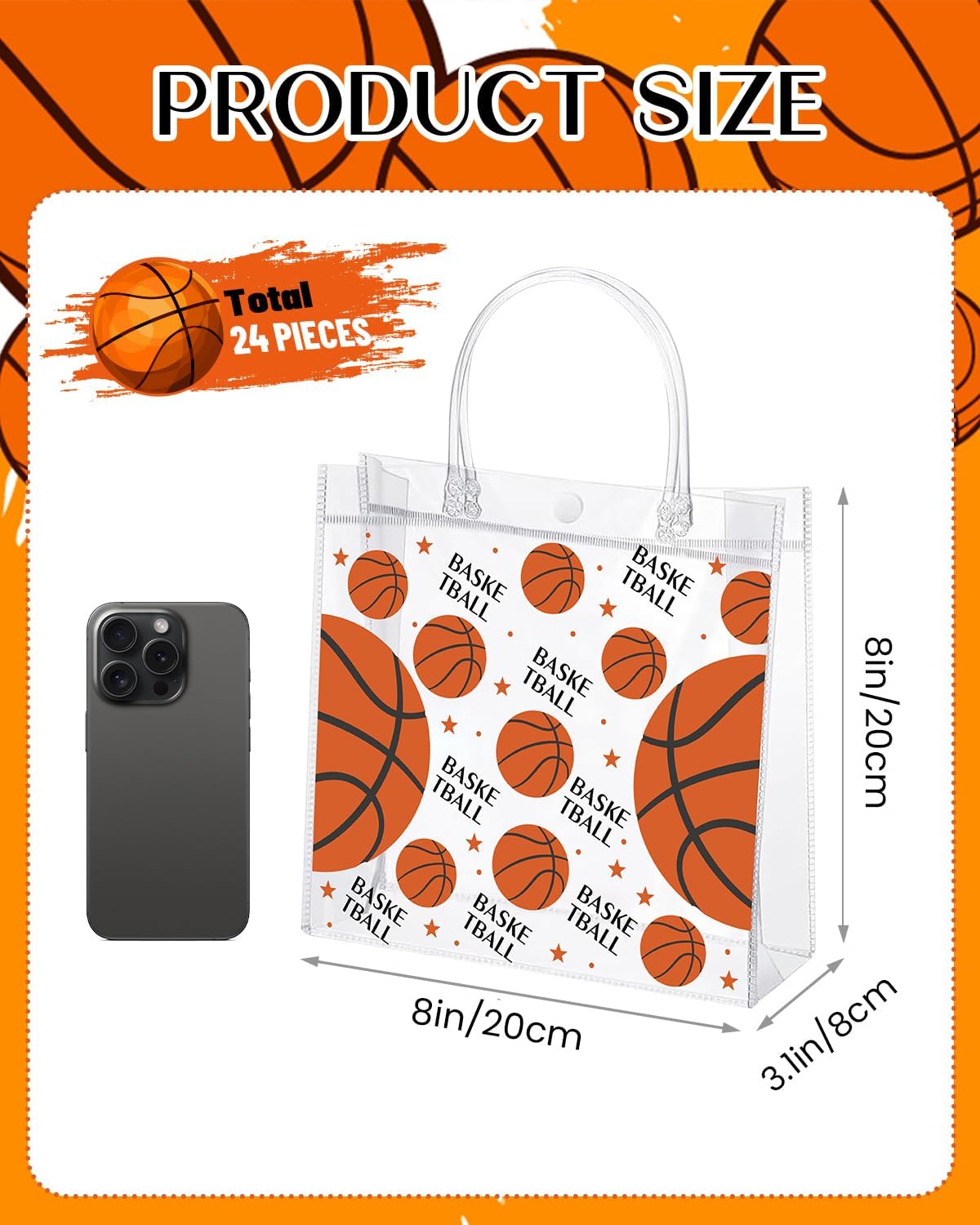 24 Pieces Clear Basketball Gift Bag with Handles Transparent PVC Basketball Goodie Bags 8 x 8 x 3.2Inch Sport Theme Party Favor Bag for Birthday Holiday Sports Team